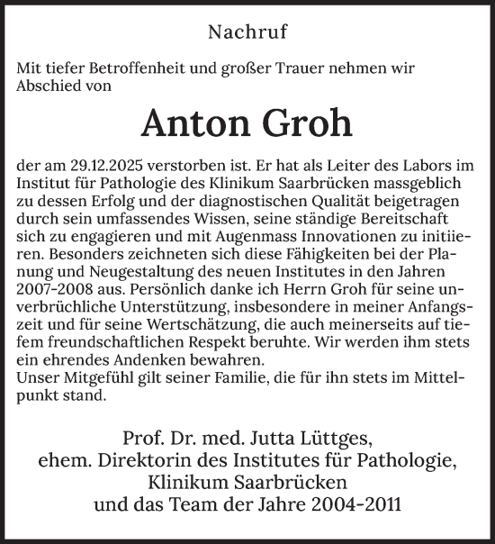 Traueranzeige von Anton Groh von saarbruecker_zeitung