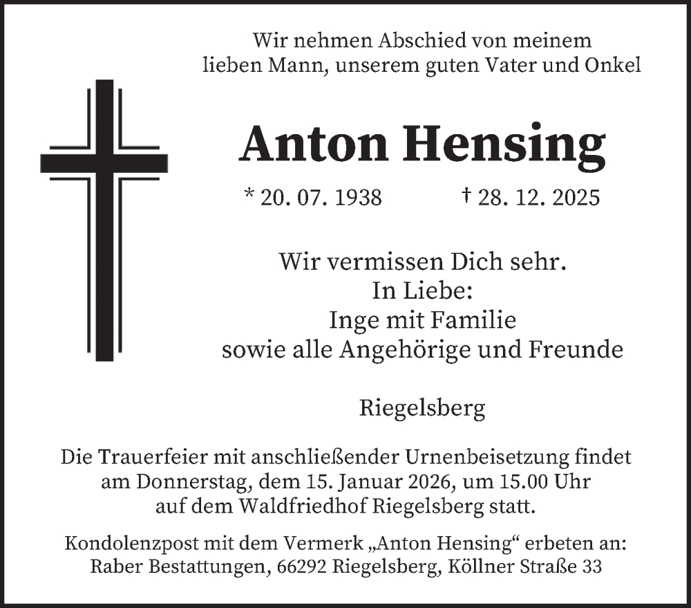  Traueranzeige für Anton Hensing vom 10.01.2026 aus saarbruecker_zeitung