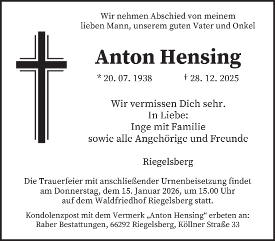 Traueranzeige von Anton Hensing von saarbruecker_zeitung