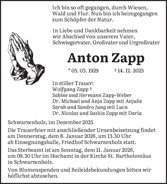 Traueranzeige von Anton Zapp von saarbruecker_zeitung