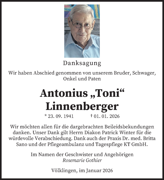 Traueranzeige von Antonius Linnenberger von saarbruecker_zeitung