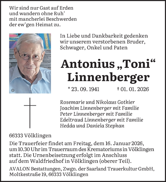 Traueranzeige von Antonius Linnenberger von saarbruecker_zeitung