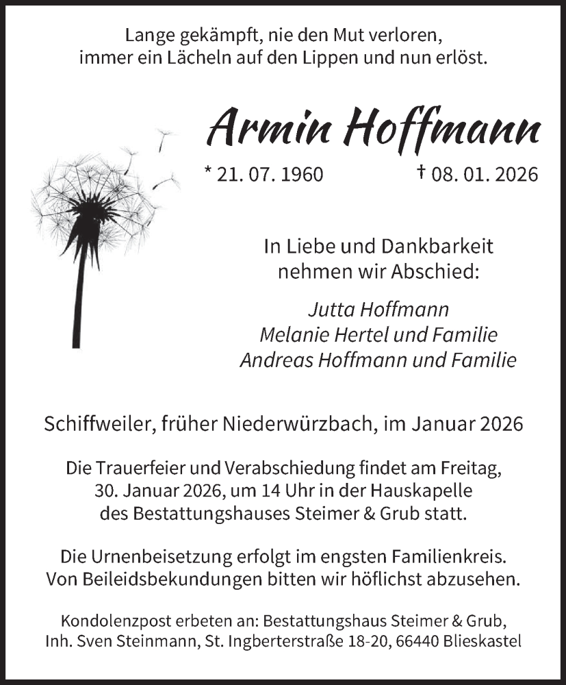  Traueranzeige für Armin Hoffmann vom 23.01.2026 aus saarbruecker_zeitung