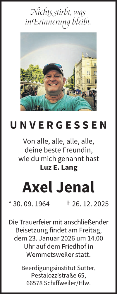 Traueranzeige von Axel Jenal von saarbruecker_zeitung