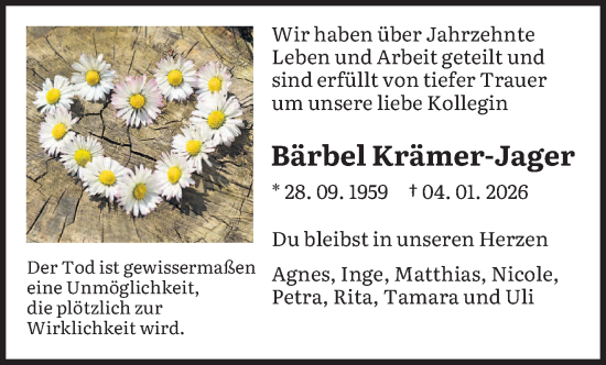 Traueranzeige von Bärbel Krämer-Jager von saarbruecker_zeitung