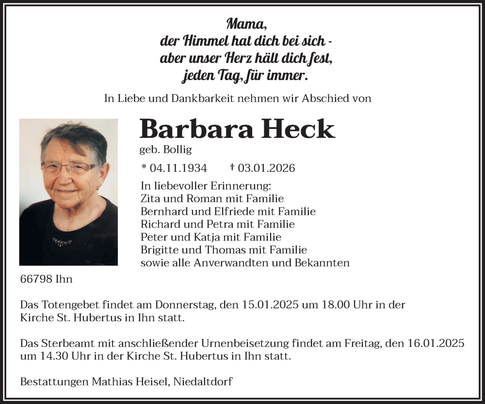  Traueranzeige für Barbara Heck vom 10.01.2026 aus saarbruecker_zeitung