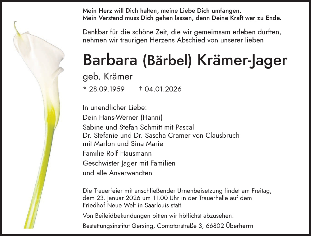  Traueranzeige für Barbara Krämer-Jager vom 10.01.2026 aus saarbruecker_zeitung