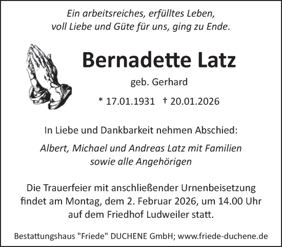 Traueranzeige von Bernadette Latz von saarbruecker_zeitung
