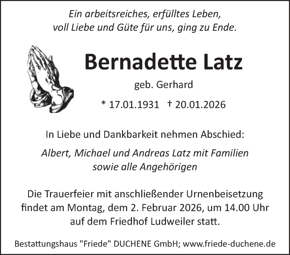  Traueranzeige für Bernadette Latz vom 24.01.2026 aus saarbruecker_zeitung