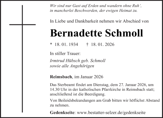 Traueranzeige von Bernadette Schmoll von saarbruecker_zeitung