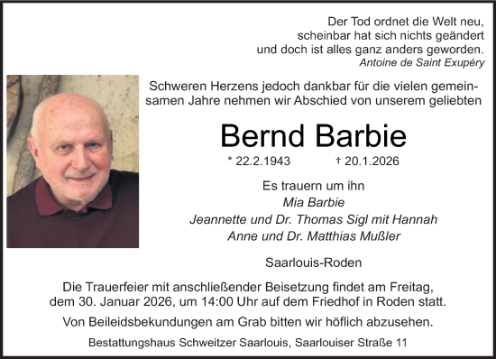 Traueranzeige von Bernd Barbie von saarbruecker_zeitung