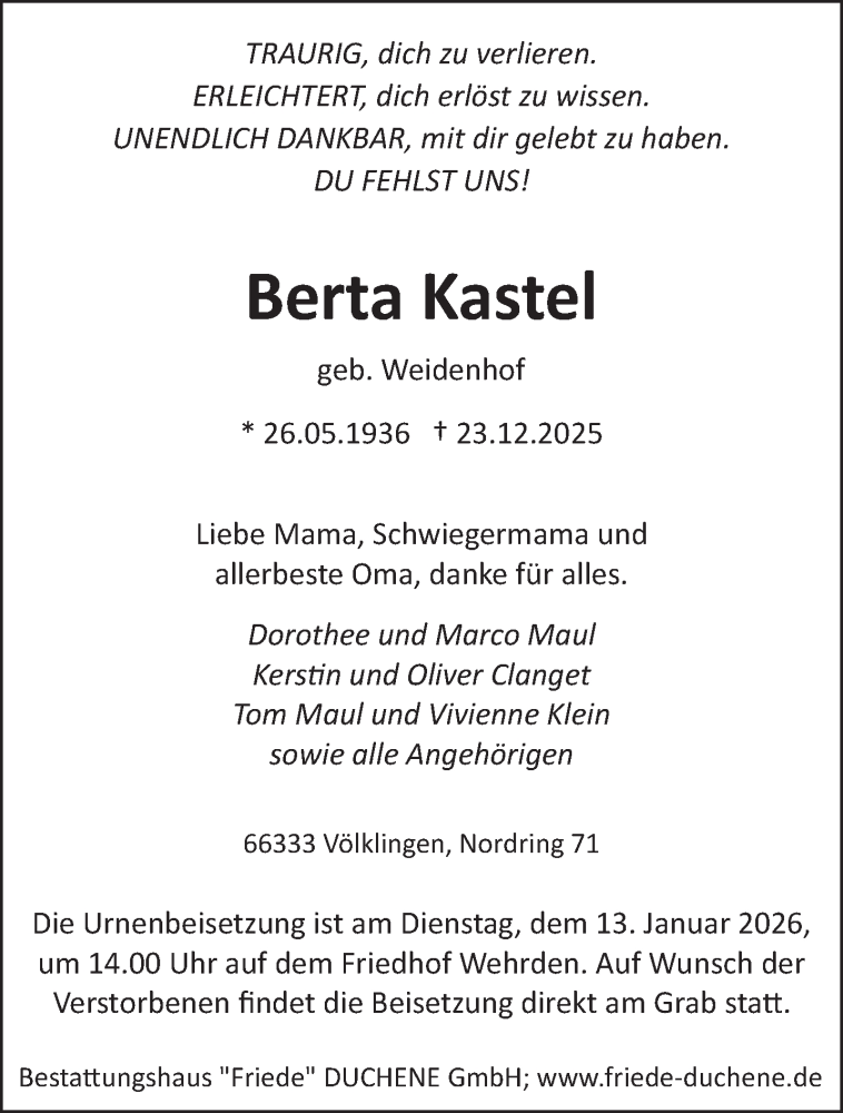  Traueranzeige für Berta Kastel vom 03.01.2026 aus saarbruecker_zeitung