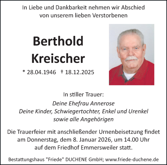 Traueranzeige von Berthold Kreischer von saarbruecker_zeitung