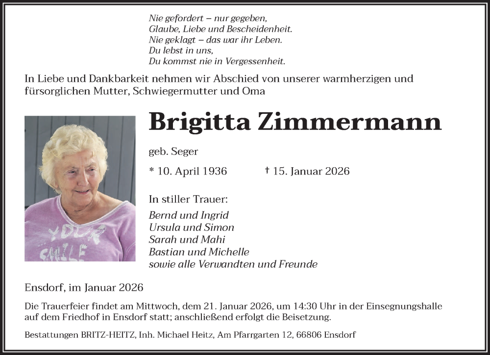  Traueranzeige für Brigitta Zimmermann vom 19.01.2026 aus saarbruecker_zeitung