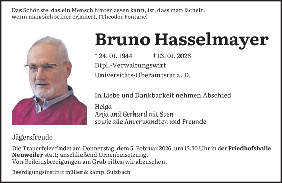 Traueranzeige von Bruno Hasselmayer von saarbruecker_zeitung