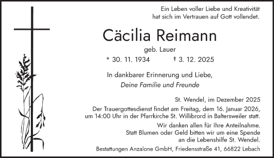 Traueranzeige von Cäcilia Reimann von saarbruecker_zeitung
