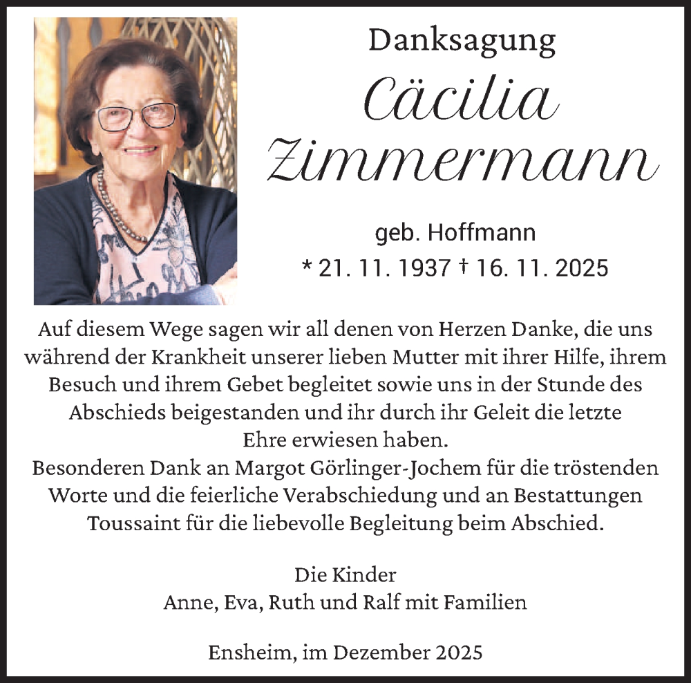  Traueranzeige für Cäcilia Zimmermann vom 31.12.2025 aus saarbruecker_zeitung