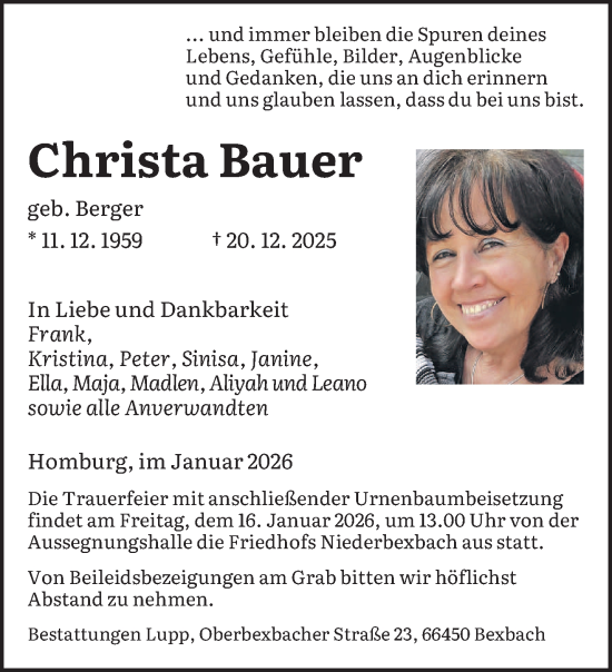 Traueranzeige von Christa Bauer von saarbruecker_zeitung