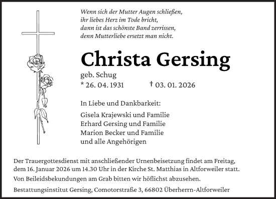 Traueranzeige von Christa Gersing von saarbruecker_zeitung