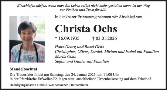 Traueranzeige von Christa Ochs von saarbruecker_zeitung