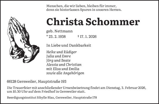 Traueranzeige von Christa Schommer von saarbruecker_zeitung