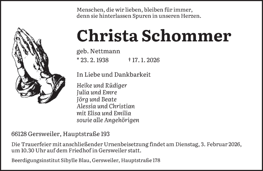  Traueranzeige für Christa Schommer vom 24.01.2026 aus saarbruecker_zeitung