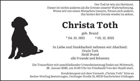 Traueranzeige von Christa Toth von saarbruecker_zeitung