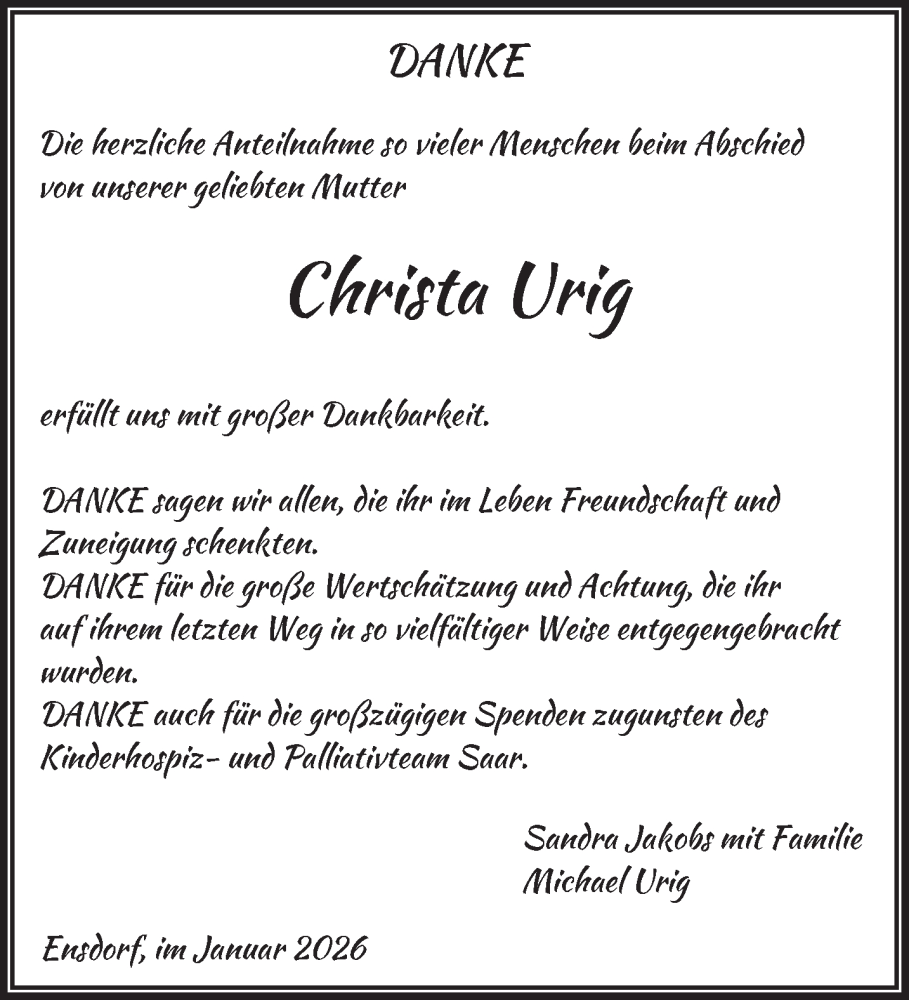  Traueranzeige für Christa Urig vom 10.01.2026 aus saarbruecker_zeitung