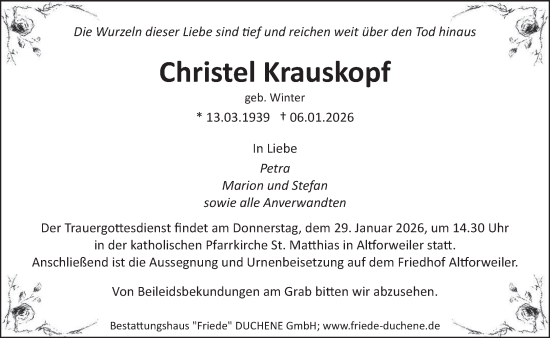 Traueranzeige von Christel Krauskopf von saarbruecker_zeitung
