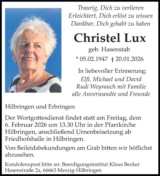 Traueranzeige von Christel Lux von saarbruecker_zeitung