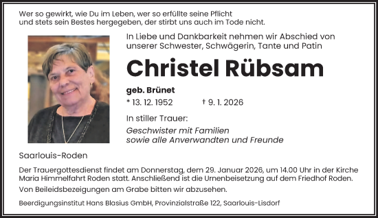 Traueranzeige von Christel Rübsam von saarbruecker_zeitung