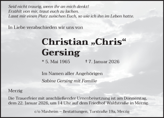 Traueranzeige von Christian Gersing von saarbruecker_zeitung