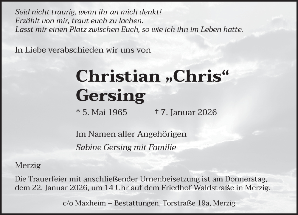  Traueranzeige für Christian Gersing vom 17.01.2026 aus saarbruecker_zeitung