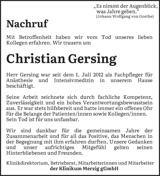 Traueranzeige von Christian Gersing von saarbruecker_zeitung
