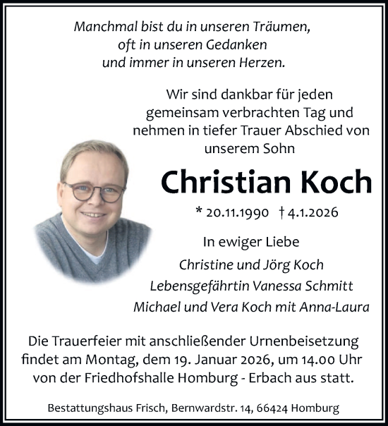 Traueranzeige von Christian Koch von saarbruecker_zeitung