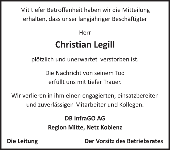 Traueranzeige von Christian Legill von saarbruecker_zeitung