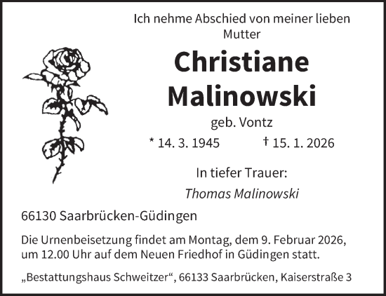 Traueranzeige von Christiane Malinowski von saarbruecker_zeitung