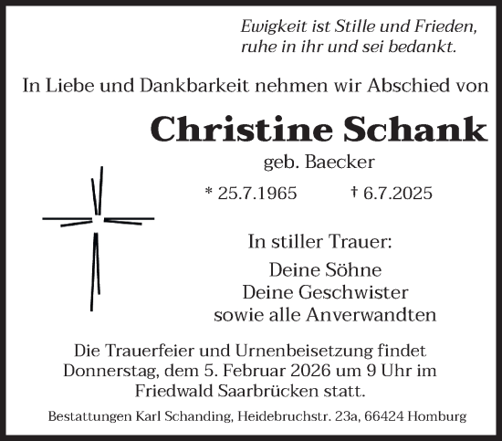 Traueranzeige von Christine Schank von saarbruecker_zeitung