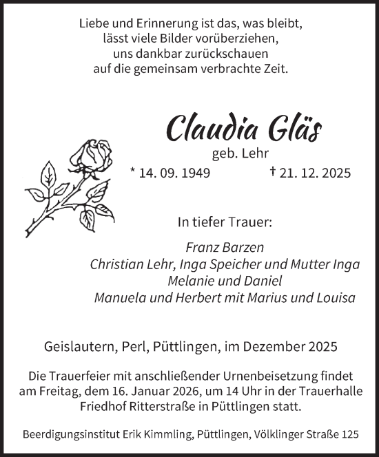 Traueranzeige von Claudia Gläs von saarbruecker_zeitung
