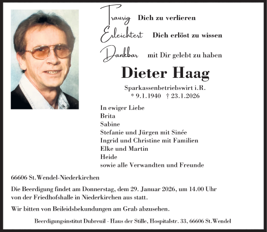 Traueranzeige von Dieter Haag von saarbruecker_zeitung