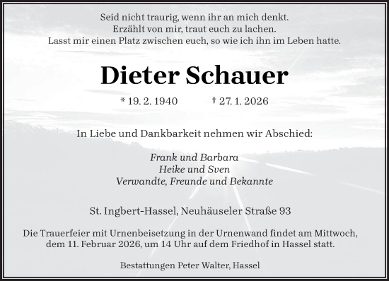Traueranzeige von Dieter Schauer von saarbruecker_zeitung