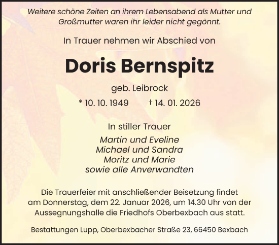 Traueranzeige von Doris Bernspitz von saarbruecker_zeitung