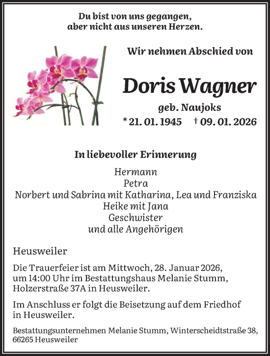 Traueranzeige von Doris Wagner von saarbruecker_zeitung