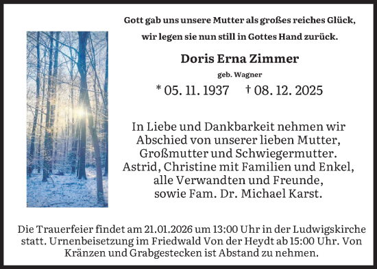 Traueranzeige von Doris Erna Zimmer von saarbruecker_zeitung