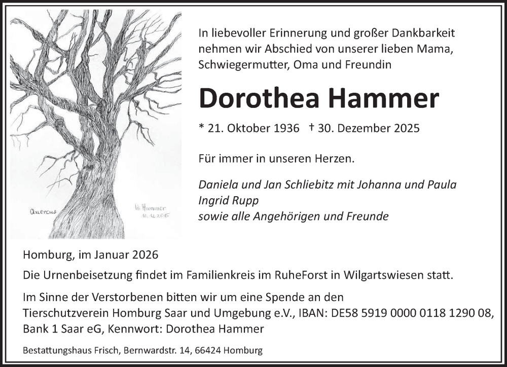  Traueranzeige für Dorothea Hammer vom 10.01.2026 aus saarbruecker_zeitung