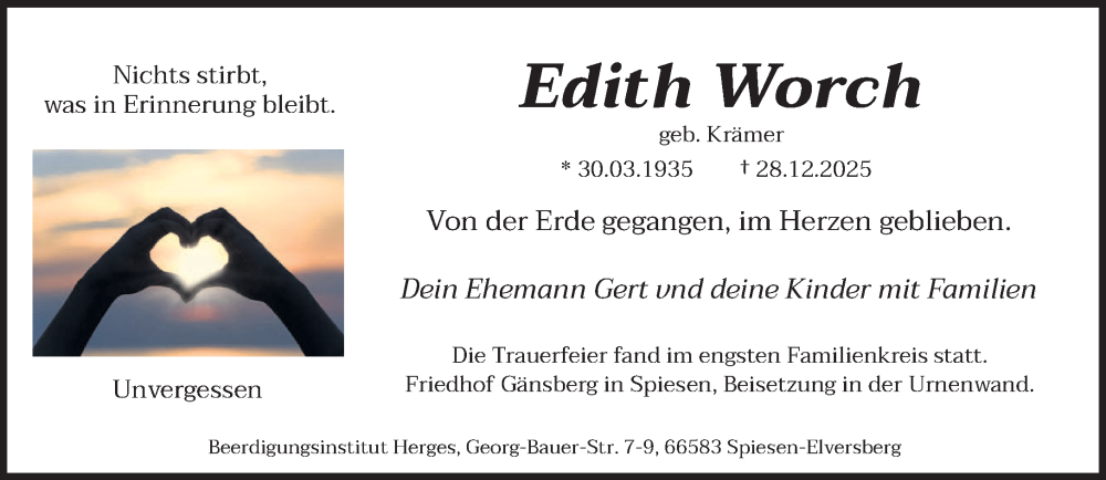  Traueranzeige für Edith Worch vom 24.01.2026 aus saarbruecker_zeitung