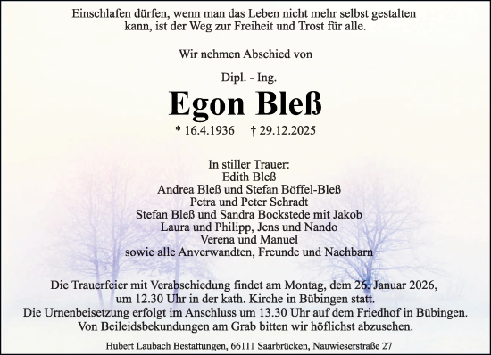 Traueranzeige von Egon Bleß von saarbruecker_zeitung