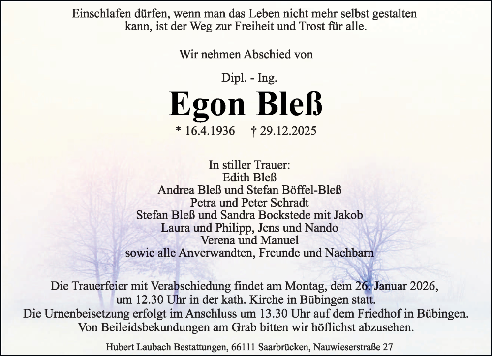  Traueranzeige für Egon Bleß vom 17.01.2026 aus saarbruecker_zeitung