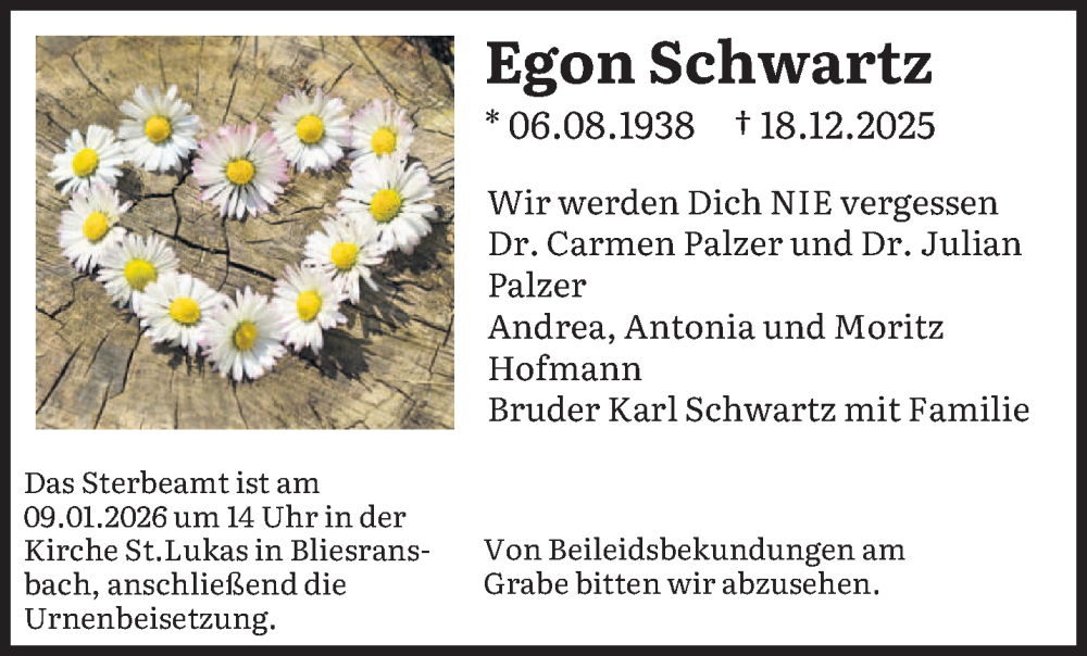  Traueranzeige für Egon Schwartz vom 07.01.2026 aus saarbruecker_zeitung
