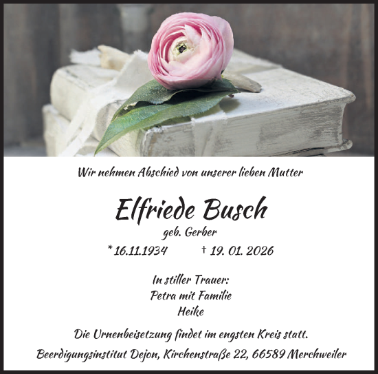 Traueranzeige von Elfriede Busch von saarbruecker_zeitung